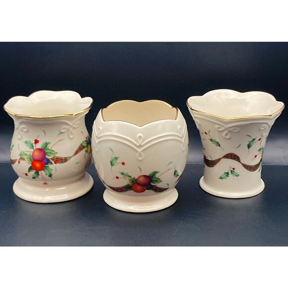 Lenox Holiday Tartan Dimension Collection Porcelain Tea Light Holders Set of 3 - Picture 1 of 11